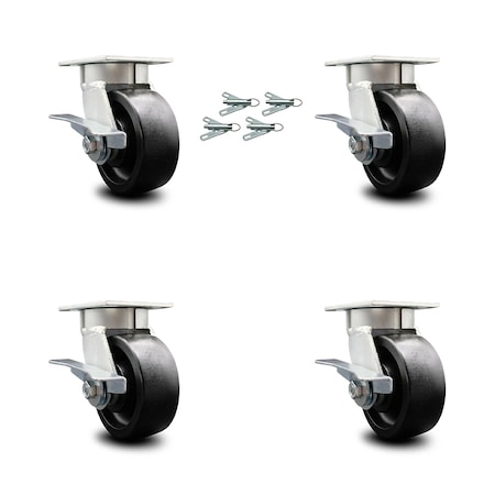 Service Caster 5 Inch Kingpinless Glass Filled Nylon Wheel Swivel Caster Set with Swivel Locks SCC-KP30S520-GFNR-BSL-4